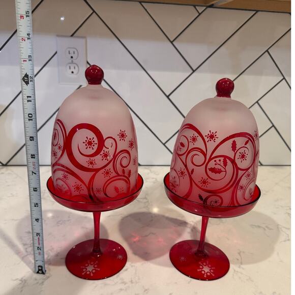 Vintage scroll red frosted glass mini cloches bell jars red stand Christmas rare - Picture 2 of 12